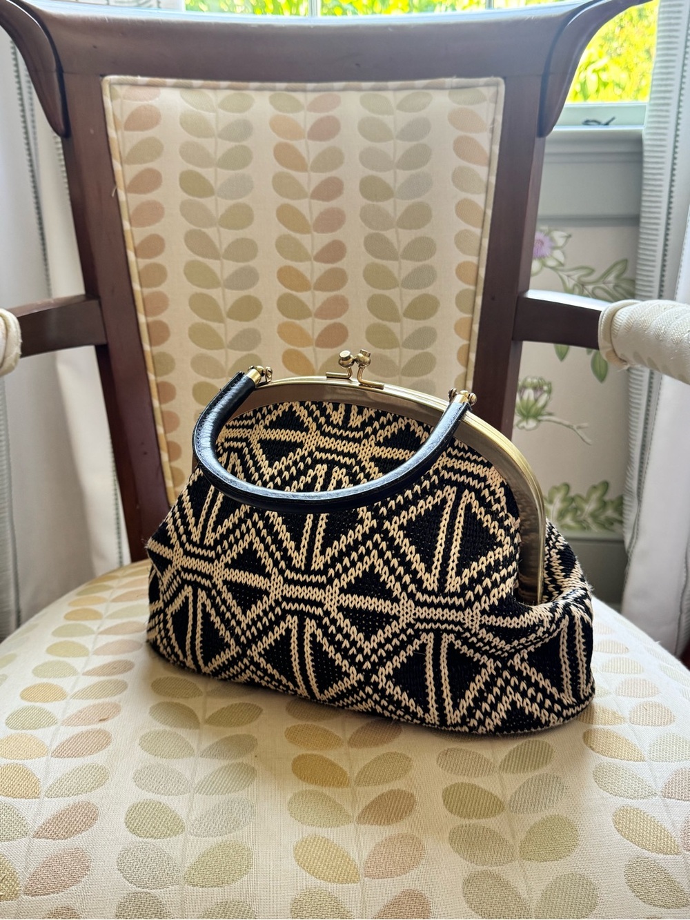 Patricia Nash Black and Tan Woven Geometric Frame-Top Handbag w/ Suede Interior
